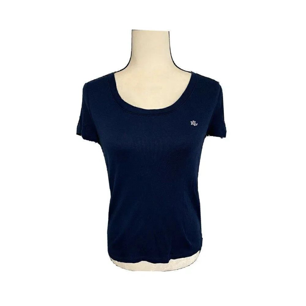 lauren ralph lauren womens solid navy blue short sleeve t shirt top small